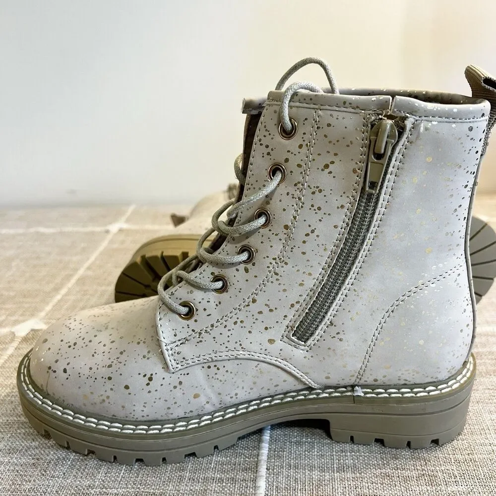 MIA Girl Cammy Combat Boots Beige Gold Paint Splatter NEW Girls Sz 3 Side Zip